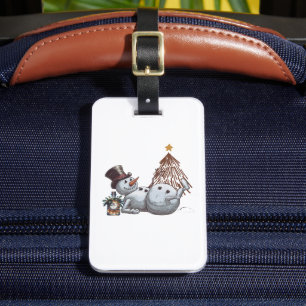 Drunk snowman with a bottle of whiskey. luggage tag