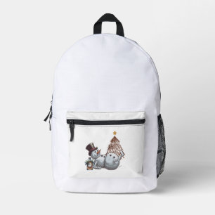 Drunk snowman with a bottle of whiskey. printed backpack