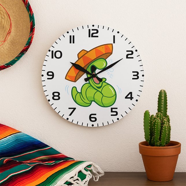 Drunk Worm with Sombrero Mexican Party Large Clock (Creator Uploaded)