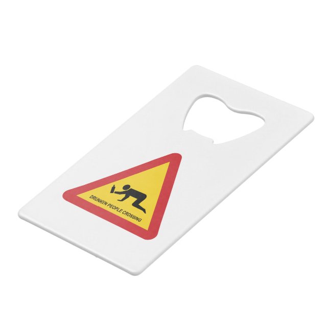DRUNKEN PEOPLE CROSSING TRAFFIC SIGN CREDIT CARD BOTTLE OPENER (Front Angled)