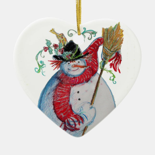 DRUNKEN SNOWMAN Winter Holiday Party Heart Ceramic Ornament (Front)