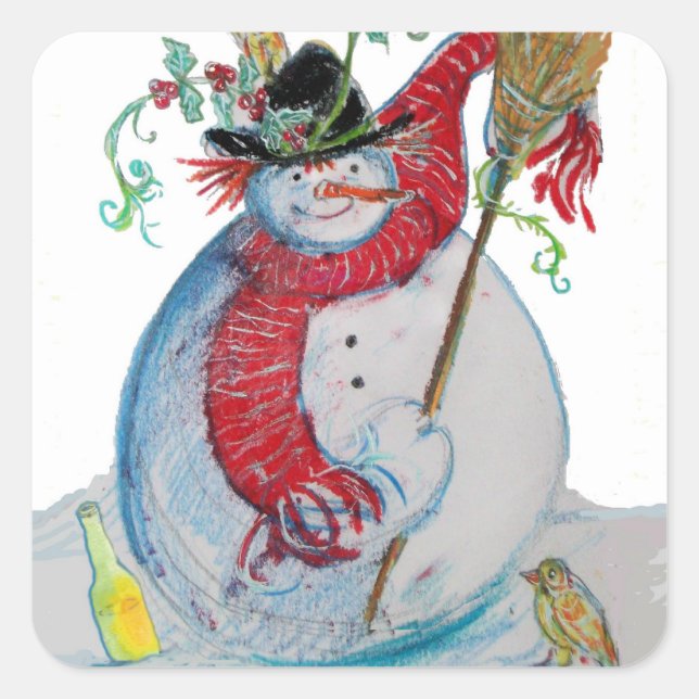 DRUNKEN SNOWMAN WITH BIRDS IN WINTER SQUARE STICKER (Front)