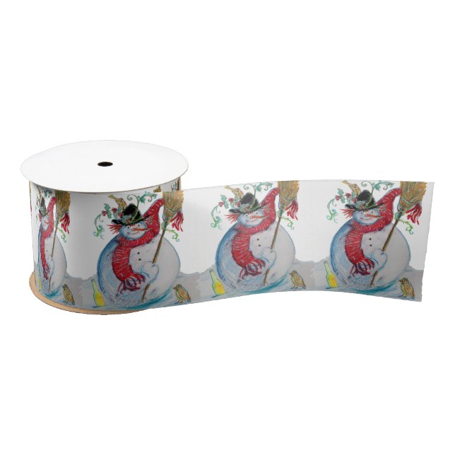 DRUNKEN SNOWMAN WITH BIRDS WINTER GREETINGS SATIN RIBBON (Spool)