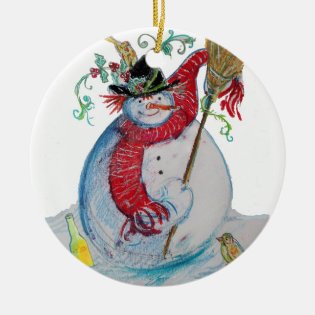 DRUNKEN SNOWMAN WITH BIRDS WINTER HOLIDAY PARTY CERAMIC ORNAMENT (Front)