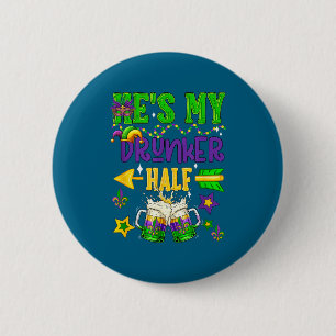 Drunker half mardi gras couple drinking beer 2 inch round button