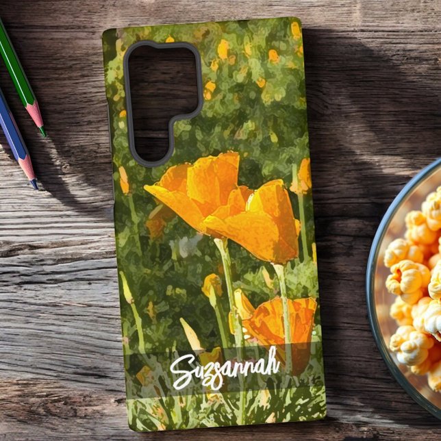 Dry Brush Effect California Poppy Photo Custom Samsung Galaxy S22 Ultra Case (samsung case back cover with template text)