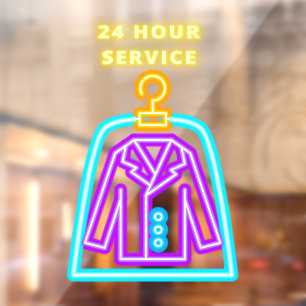 Dry Cleaners Faux Neon 24 Hour Service Front Window Cling