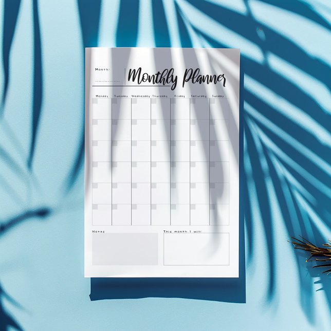 Dry Erase Magnetic Monthly Planner Notepad (Minimalist monthly planner pad with modern script, undated grid, and notes section.)