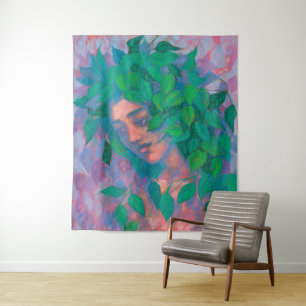 Dryad Tree Spirit Green Leaves Surreal Fantasy Art Tapestry