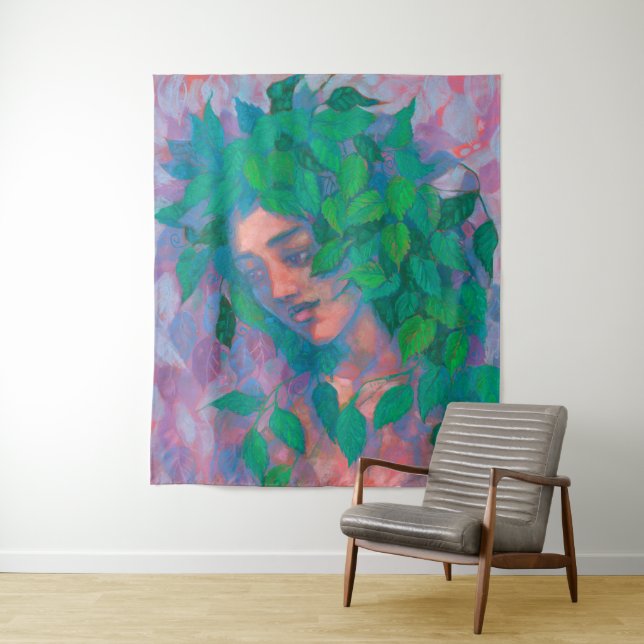 Dryad Tree Spirit Green Leaves Surreal Fantasy Art Tapestry (In Situ)