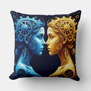 Dual Artistic Portrait of Complementary Mechanical Throw Pillow