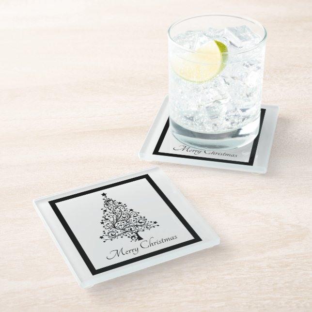 Dual Black and White Minimalistic Christmas Trees Glass Coaster (Angled)