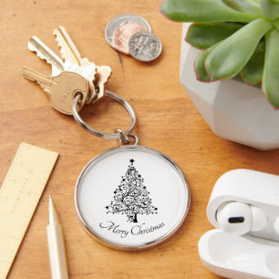 Dual Black and White Minimalistic Christmas Trees Keychain
