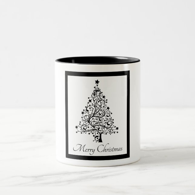 Dual Black and White Minimalistic Christmas Trees Two-Tone Coffee Mug (Center)