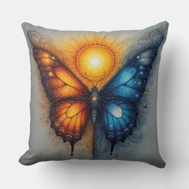 Dual-Coloured Butterfly Over Bright Sun Throw Pillow (Front)