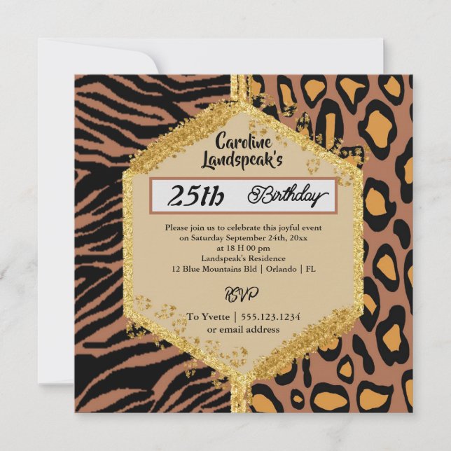 Dual Leopard Zebra Prints & Glitter Birthday Invitation (Front)