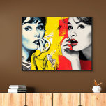 Dual pop art portrait  canvas print<br><div class="desc">Two women are depicted in a vibrant,  pop art style,  one in shades of blue and yellow and the other in grayscale with bold red lipstick. The background features a mix of abstract patterns in red and yellow tones.</div>