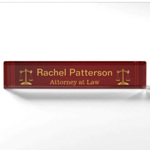 Dual Scales of Justice on Rustic Red Leather Nameplate