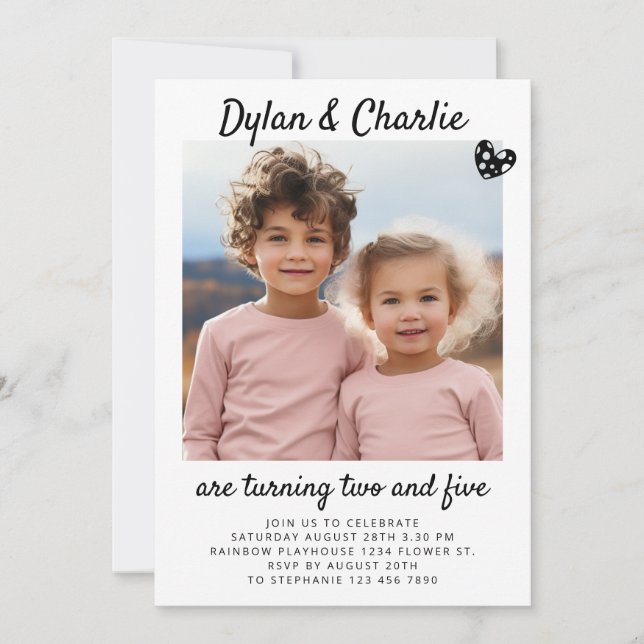 Dual Sibling Portrait Photo Minimal Boho Birthday Invitation (Front)