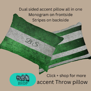 dual sided green grey & monogram & stripes accent pillow