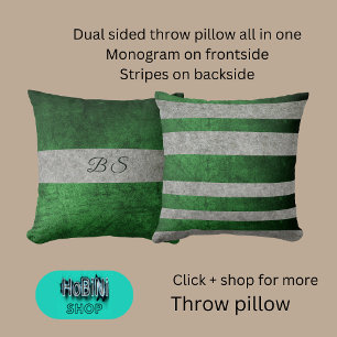 dual sided green grey & monogram & stripes throw pillow