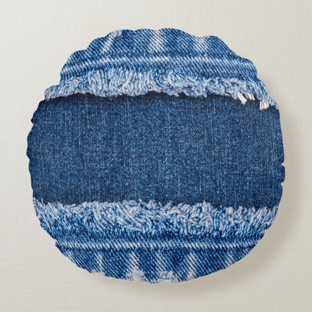 Dual-Tone Bleached Denim Fabric Frame Round Pillow (Front)
