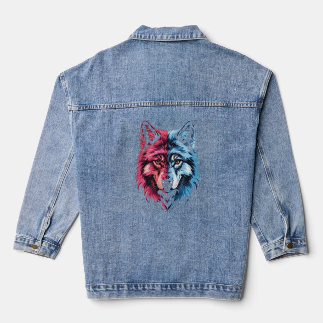 Duality Wolf - Red and Blue Spirit Art Denim Jacket (Back)