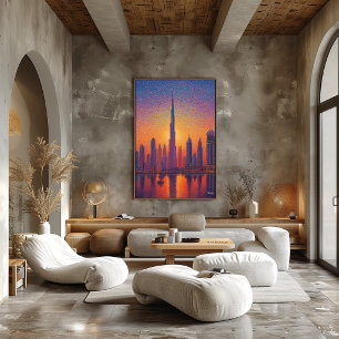 Dubai Burj Khalifa Pointillism Skyline Sunset Poster