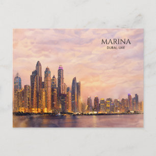 Dubai Marina Skyline Watercolor City Lights Travel Holiday Postcard