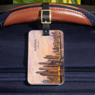 Dubai Marina Skyline Watercolor City Lights Travel Luggage Tag