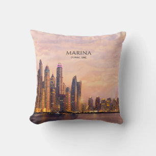 Dubai Marina Skyline Watercolor City Lights Travel Throw Pillow
