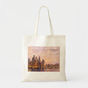 Dubai Marina Skyline Watercolor City Lights Travel Tote Bag
