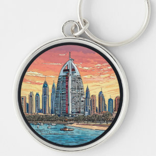 Dubai Skyline at Evening with Iconic Tower Keychain