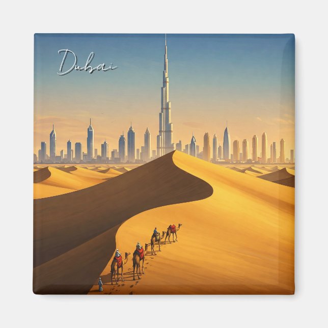 Dubai Skyline Desert Camels Travel Magnet (Front)