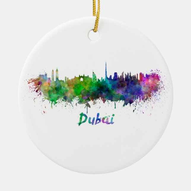 Dubai skyline in watercolor ceramic ornament (Front)