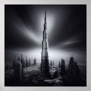 Dubai Skyline Majesty – Burj Khalifa in Monochrome Poster