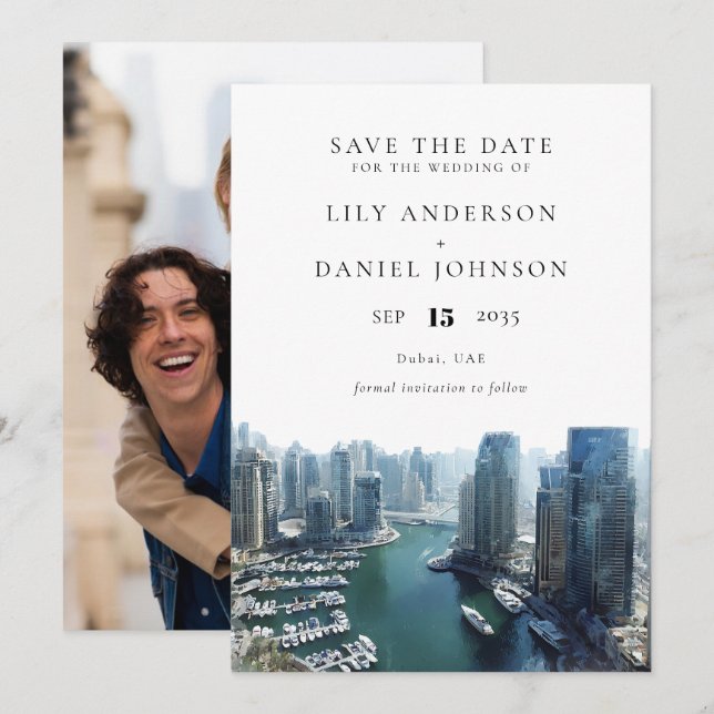 Dubai Skyline Watercolor Photo Wedding Save The Date (Front/Back)