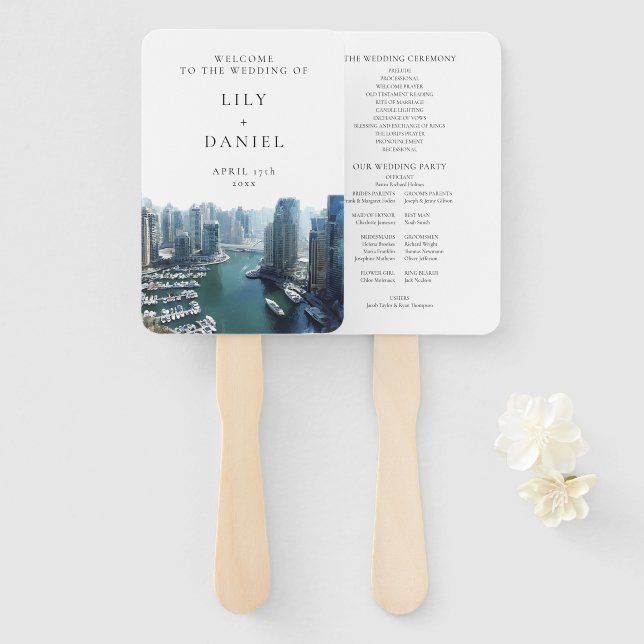 Dubai Skyline Watercolor Wedding Program Hand Fan (Front and Back)