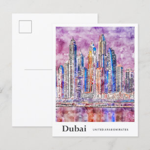 Dubai UAE Travel Watercolor Hand Drawn  Postcard