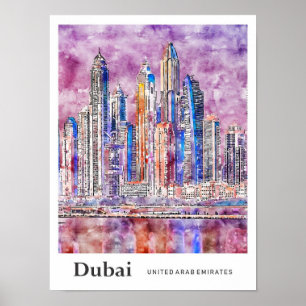 Dubai UAE Travel Watercolor Hand Drawn  Poster