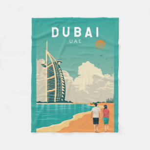 Dubai United Arab Emirates Retro Travel Art Fleece Blanket