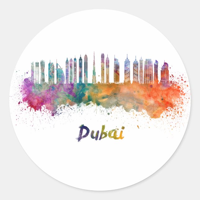 Dubai V2 skyline in watercolor Classic Round Sticker (Front)