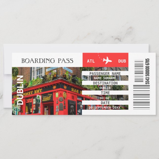 Dublin airplane boarding pass getaway weekend  invitation (Front)