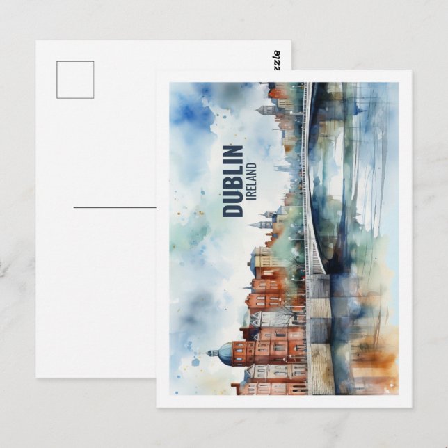 Dublin Ireland Famous Travel Place Watercolor Postcard (Front/Back)
