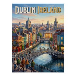 Dublin Ireland Ha'penny Bridge Sunset Travel Poste Poster