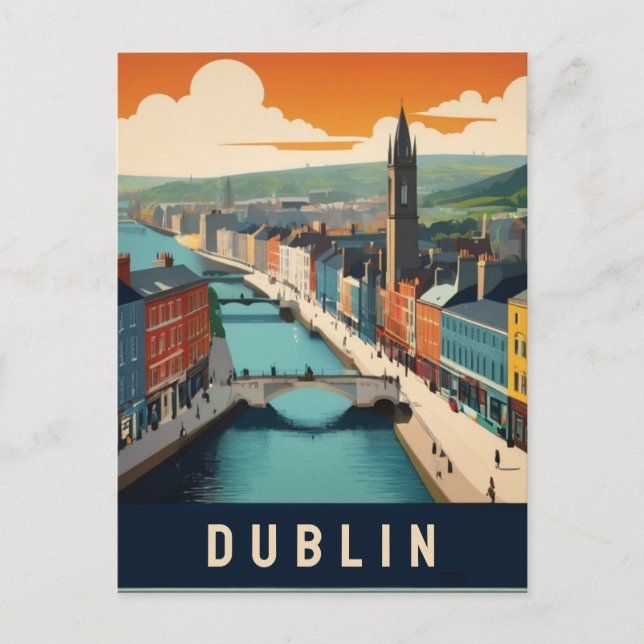 Dublin Ireland Retro Travel Art River scene Postcard (Front)