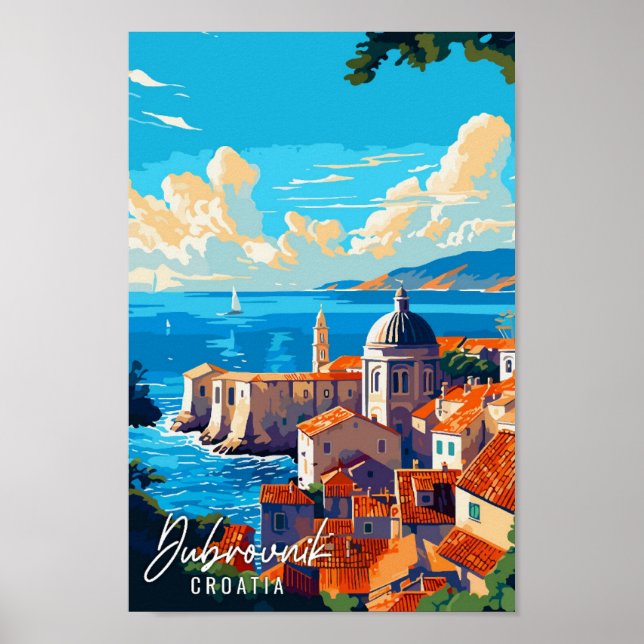 Dubrovnik Croatia vintage travel illustration Poster (Front)
