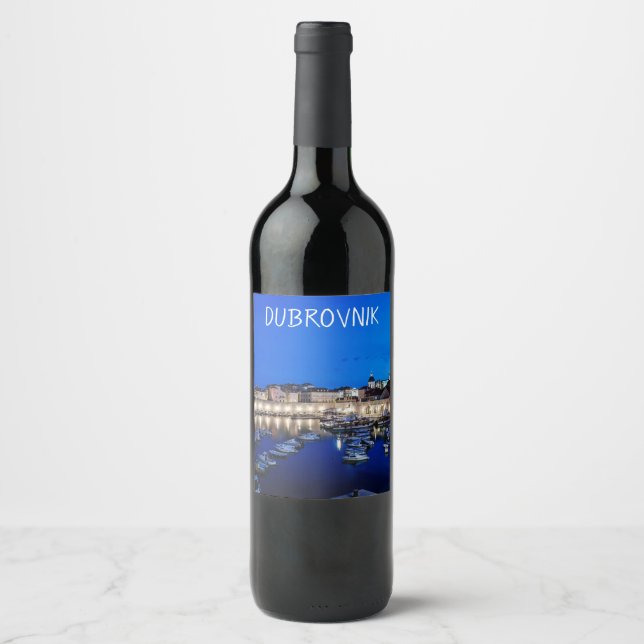 Dubrovnik harbor and walls illuminated at night wine label (Front)