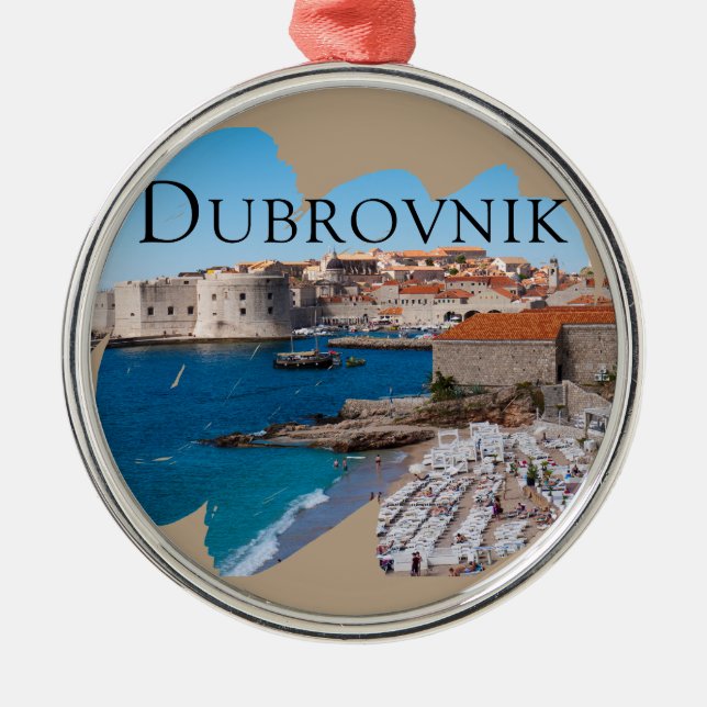Dubrovnik: View of Beach and Old Town Metal Ornament (Front)
