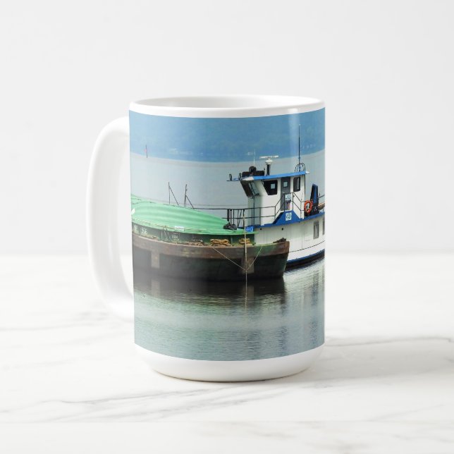 Dubuque, Iowa Pusher Boat on the Mississippi River Coffee Mug (Front Left)